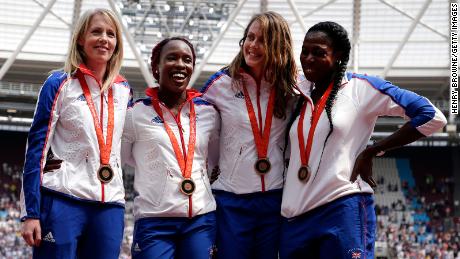The women’s 4x400m relays from GB celebrate receiving their moved bronze medals, from the 2008 Beijing Olympics, during Muller’s First First Anniversary at London Stadium, on July 21, 2018 in London, England.