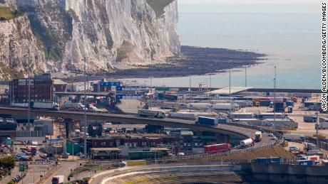 Trucks pass through the port of Dover in Great Britain.