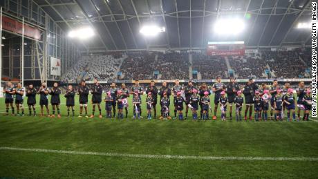 The Otago Highlanders assembled before the start of the match at Forsyth Barr Stadium in Dunedin, the first since the Covid-19 restrictions were largely lifted in New Zealand.
