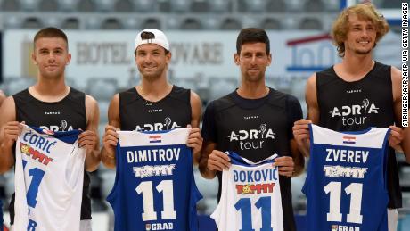Tennis players pose for photos during the Adria tour in Zadar, Croatia. Ćorić, Dimitrov and Đoković all tested positive for coronavirus later, while Zverev returned a negative test.