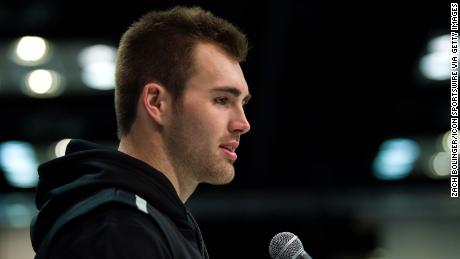 Jake Fromm of Georgia answers media questions during the NFL Scout Combine on February 25, 2020 at the Indiana Convention Center in Indianapolis, IN. 