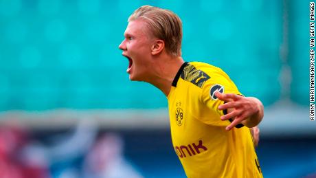 Dortmund's Norwegian striker Erling Braut Haaland is showing his enthusiasm after scoring the second and decisive goal for Borussia Dortmund in RB Leipzig. 