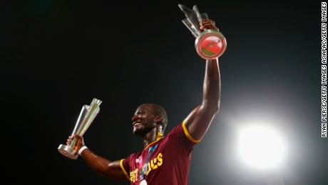 Sammy celebrates winning the ICC World Twenty20 tournament after beating England in the final.