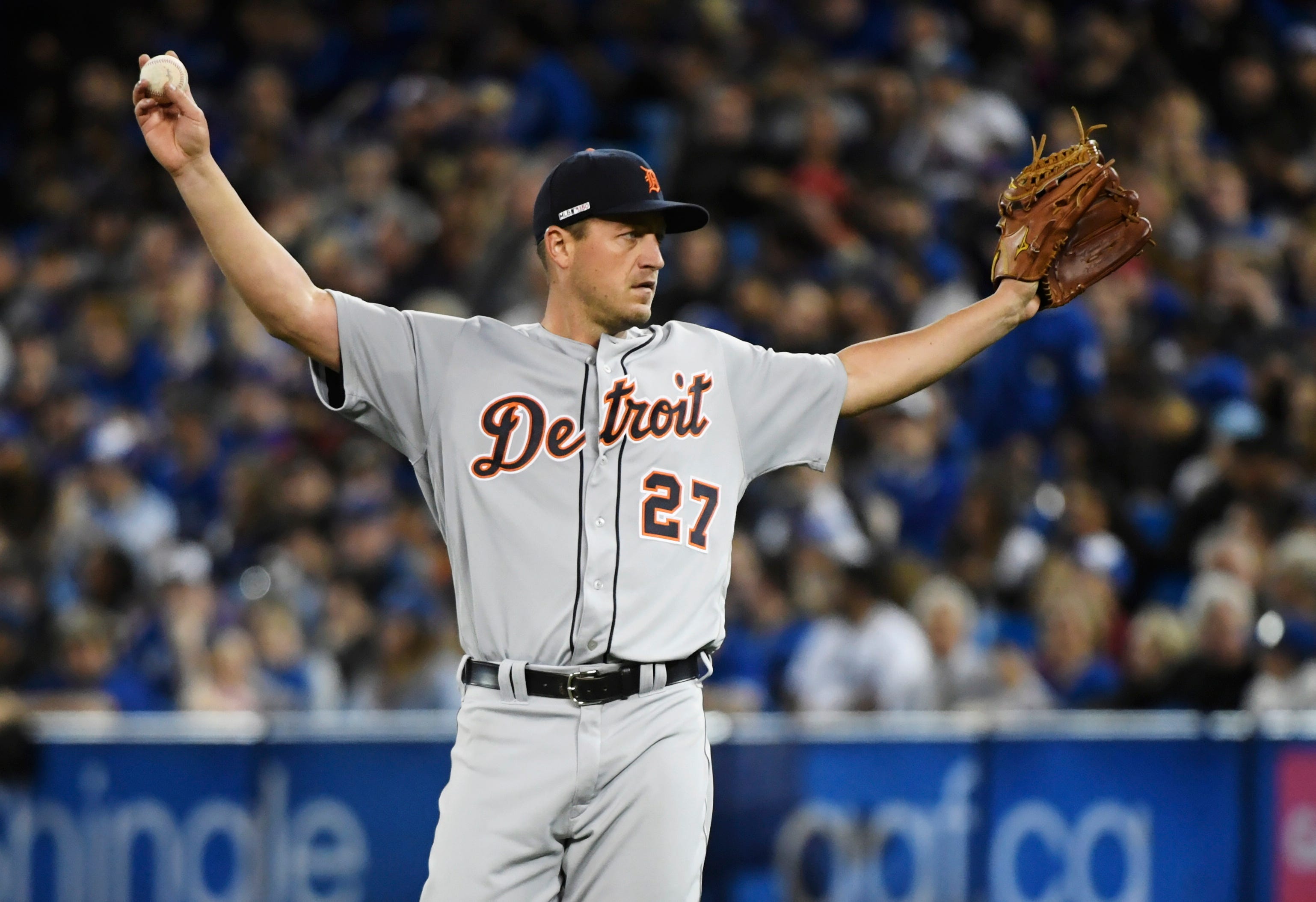 Tigers starting pitcher Jordan Zimmermann reacts after giving up a hit to Blue Jays left fielder Teoscar Hernandez, not shown, during the seventh inning in Toronto on Thursday, March 28, 2019.