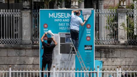 Workmen dismantle the Hagia Sophia Museum ticket booth on July 17, 2020 in Istanbul, Turkey.