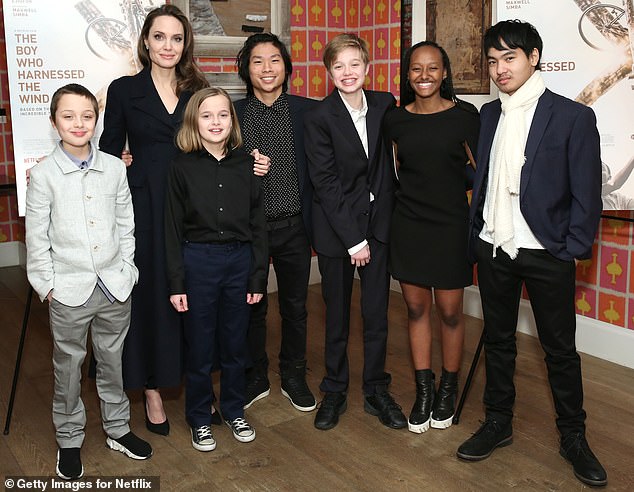 Proud parents: The exes began dating in 2005, before they were married from 2014 to 2016, sharing sons Maddox, 18, Pax, 16, John, 14, Knox, 12, and daughters Zahara, 15, and Vivienne, 12 (pictured in February, 2019)
