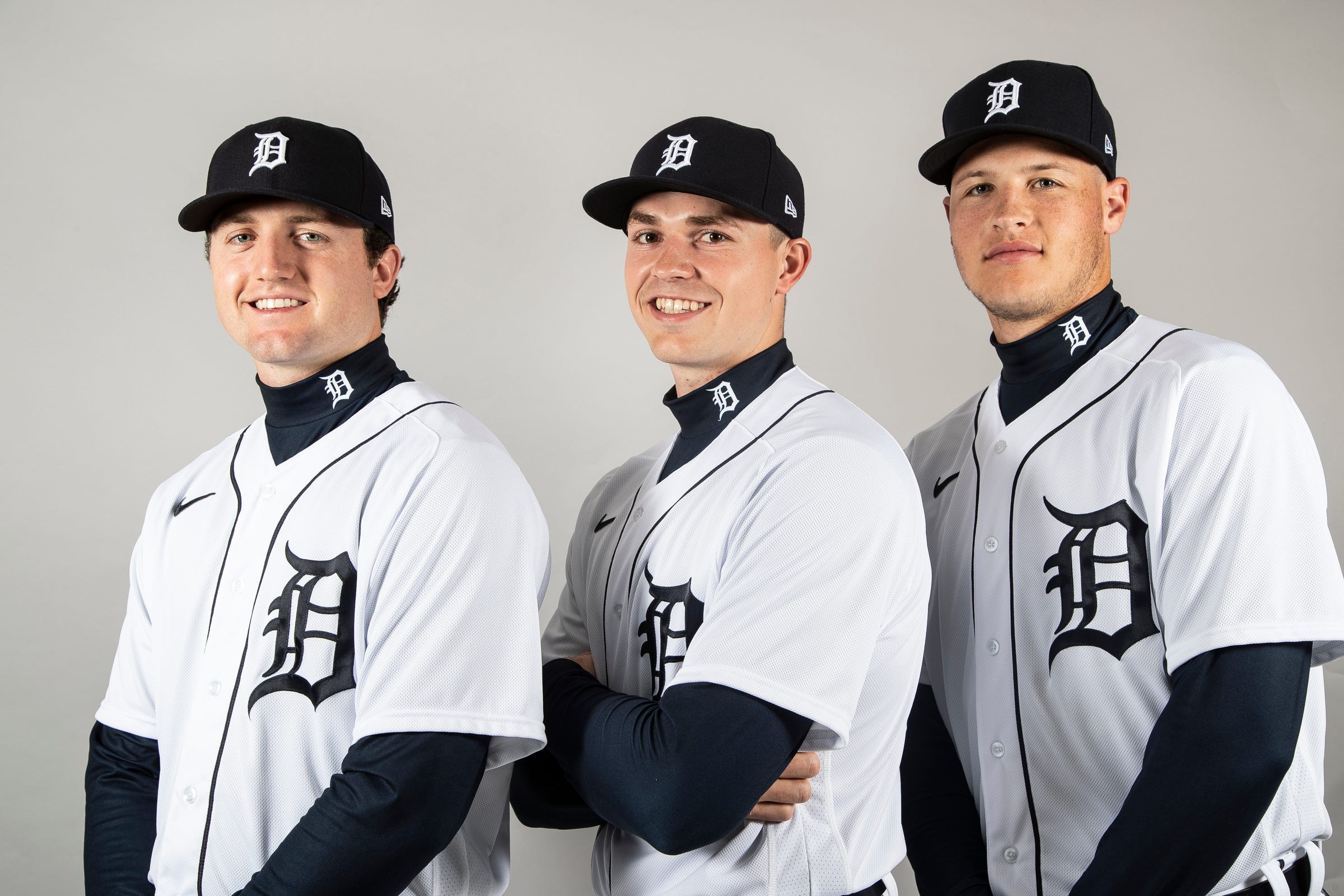 From left, pitcher Casey Mize, Tarik Skubal and Matt Manning pose for a photo during Detroit Tigers spring training at TigerTown in Lakeland, Fla., Thursday, Feb. 20, 2020.