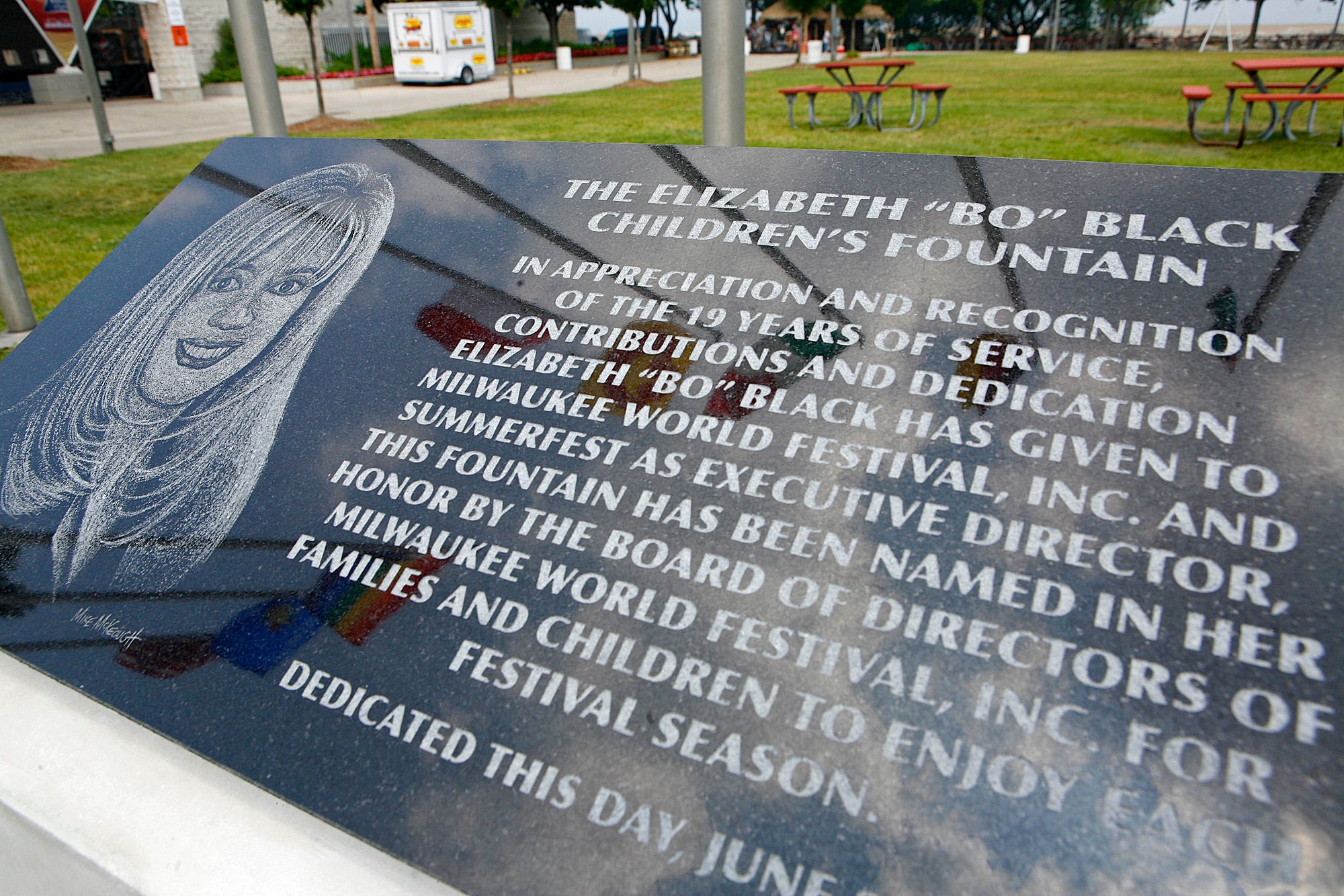 The granite plaque dedicated on the Summerfest grounds is shown June 26, 2007. The Elizabeth "Bo" Black Children's fountain honors Black for her 19 years as Summerfest director.