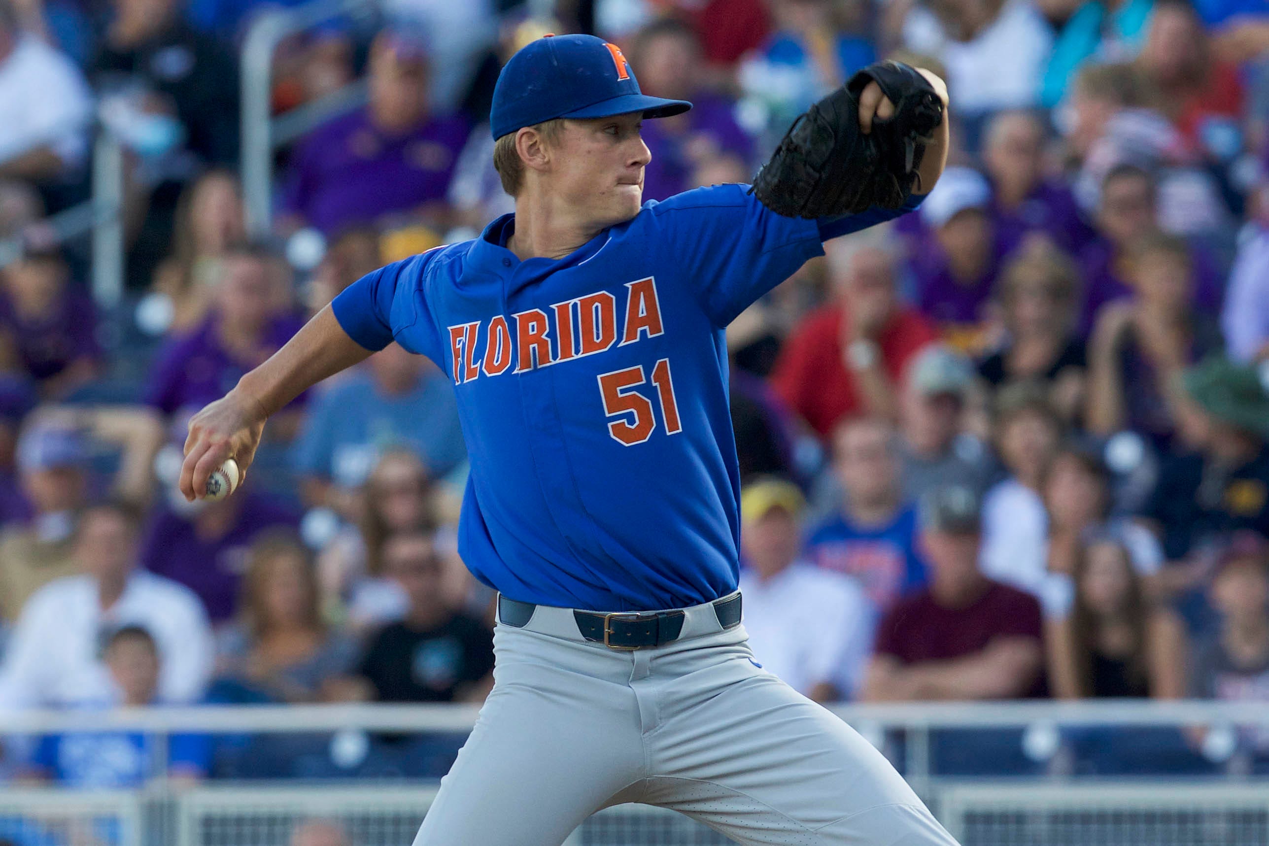 Jun 26, 2017; Omaha, NE, USA; Florida Gators pitcher Brady Singer (51) throws against the LSU Tigers in the first inning in game one of the championship series of the 2017 College World Series at TD Ameritrade Park Omaha. Mandatory Credit: Bruce Thorson-USA TODAY Sports ORG XMIT: USATSI-360331 ORIG FILE ID:  20170626_sal_st5_118.JPG