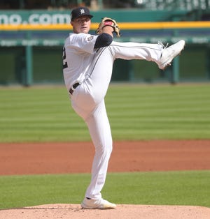 Tigers pitcher Tarik Skubal pitches against the Twins during the first inning of Game 2 at Comerica Park on Saturday, August 29, 2020.