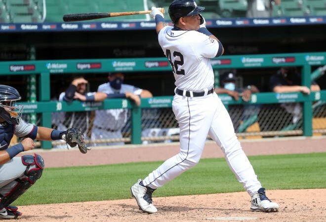 Tigers DH Miguel Cabrera doubles during the sixth inning of the Tigers' 8-2 win in Game 1 of the doubleheader at Comerica Park on Saturday, August 29, 2020.