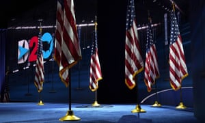 Flags are placed in the venue where the Democratic vice-presidential candidate Senator Kamala Harris will speak on third day of the Democratic national convention in Wilmington, Delaware.