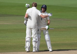 Zak Crawley is congratulated by Jos Buttler after reaching his double century.