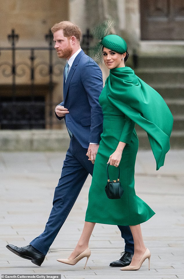 Rumors have spread that Harry and Meghan are seeking a foothold in Hollywood since the couple announced their plans to quit their senior royals and seek financial independence and move to North America in January.  Pictured, attending Commonwealth Day Service 2020 on 09 March 2020 in London