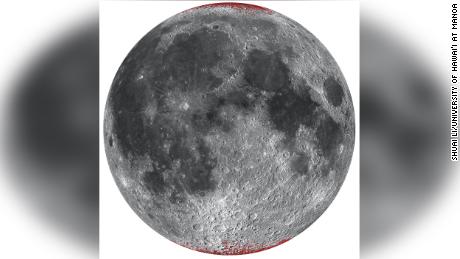 Enhanced map of hematite (dust) on the moon, outlined in red using a spherical projection of the near side.