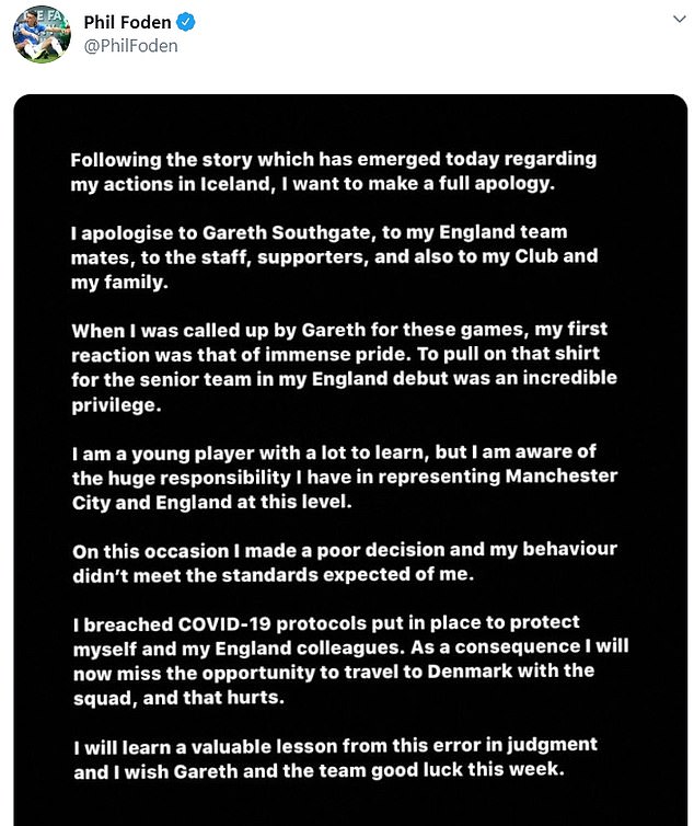 Foden took to social media on Monday evening to issue a full apology to everyone involved