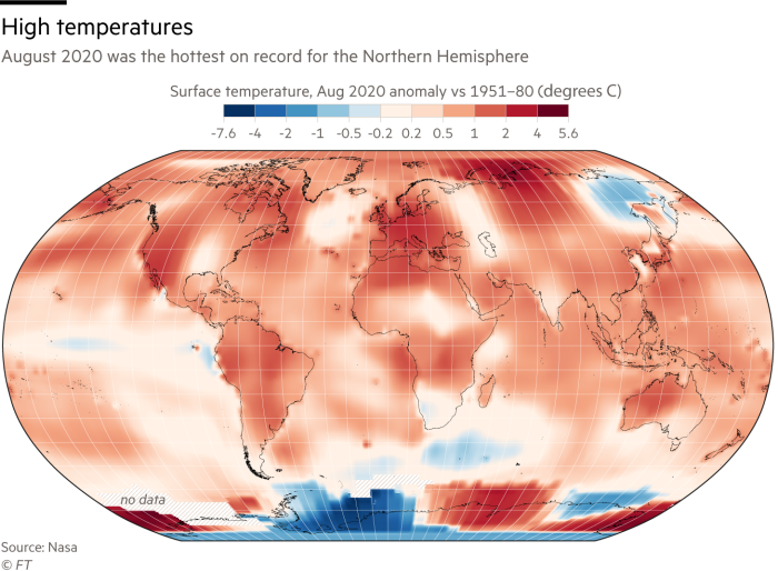 The map shows that August 2020 was the hottest on record in the Northern Hemisphere