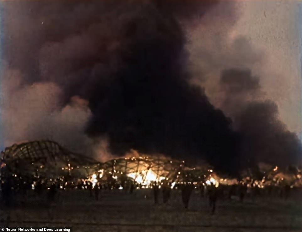 Werner Gustav Donner was the last surviving traveler from the Hindenburg disaster before his death in November 2019. Pictured: Firefighting crews and eyewitnesses spotted in Hindenburg on fire