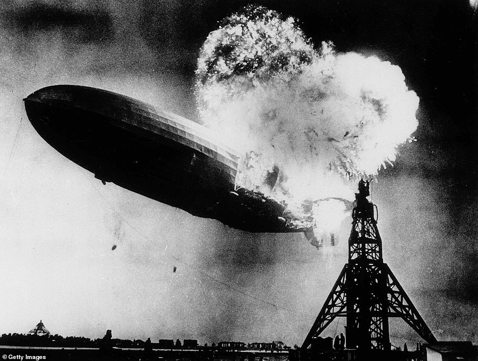 Pictured: The moment a fire burns in Hindenburg and crashes in New Jersey in 1937
