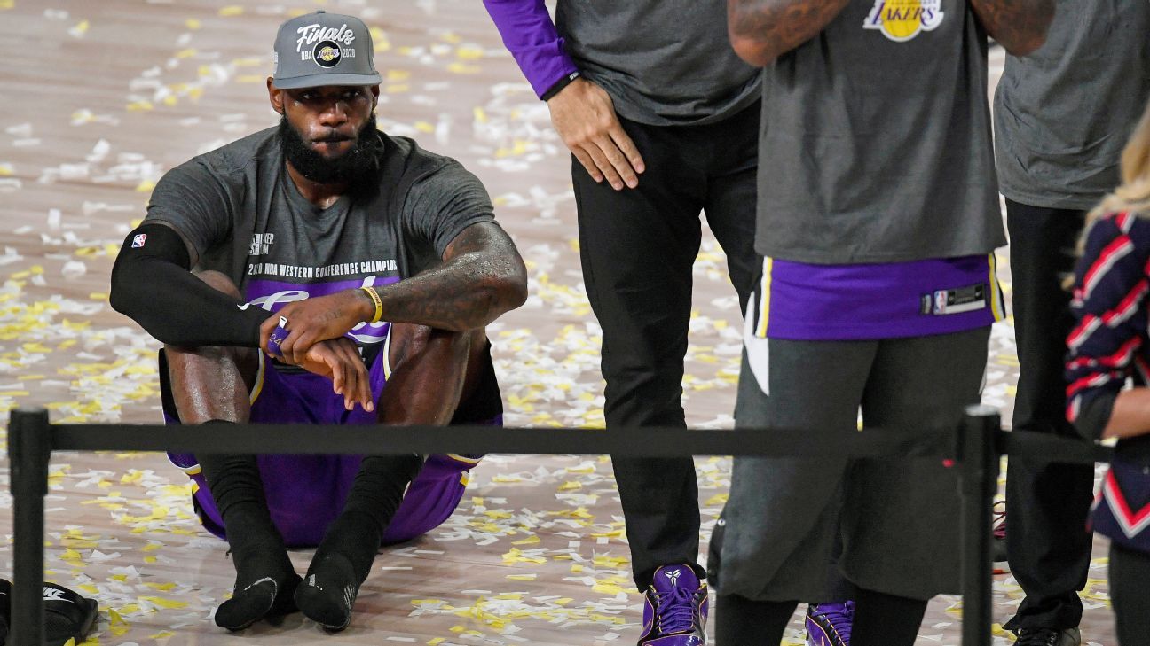 Los Angeles Lakers player LeBron James shrugs as they qualify for the 10th NBA Finals