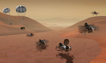 An artist's rendition shows multiple views of the twin Dragonfly drone that will explore Saturn's moon Titan.