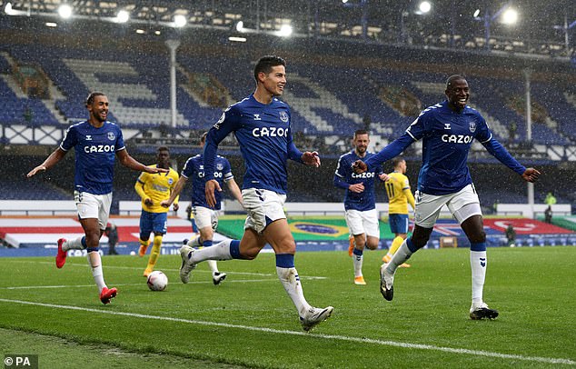 Everton 4-2 Brighton: James Rodriguez scores twice and Dominic Calvert Lewin sees Mina on target
