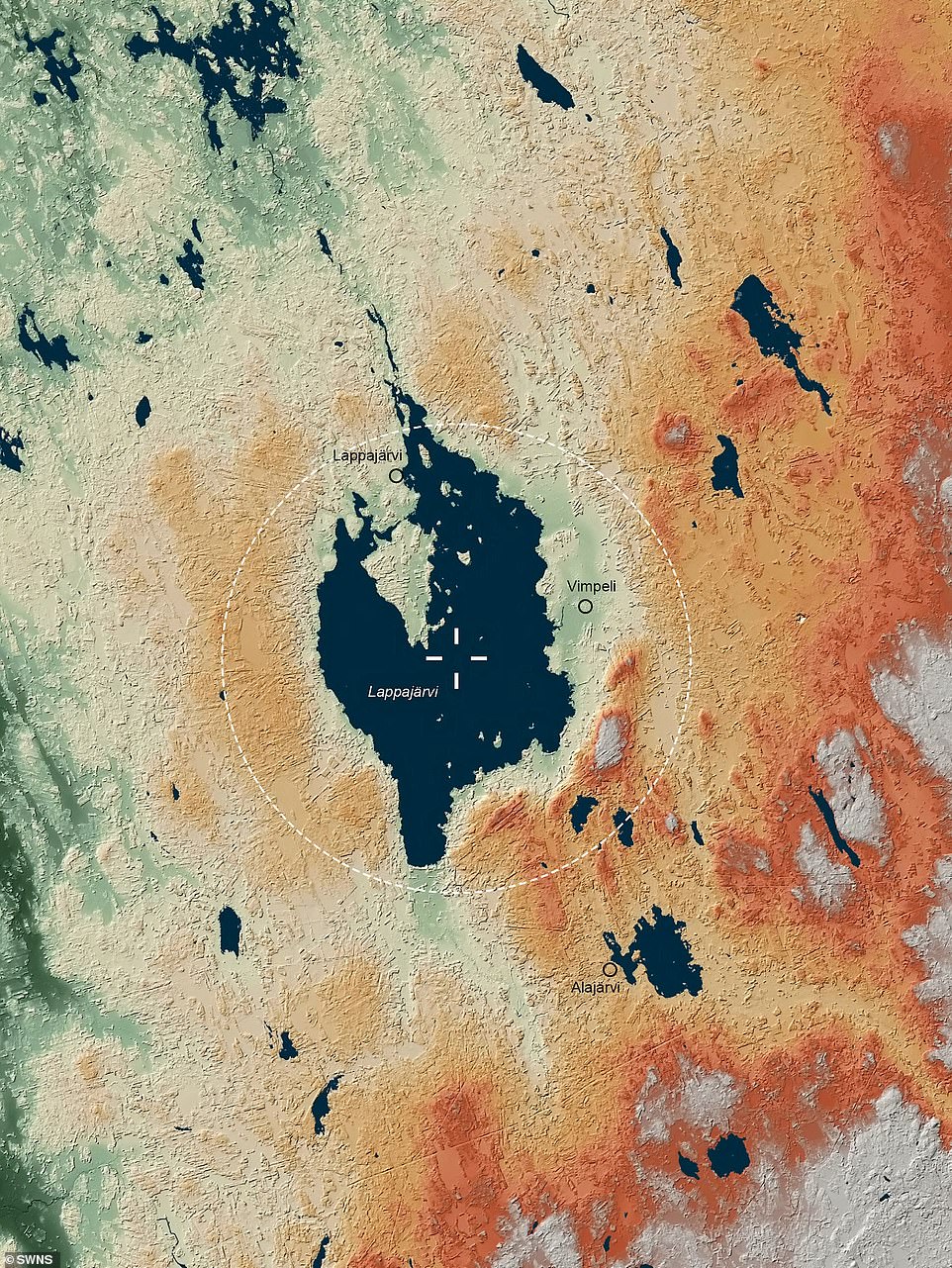 Famous craters such as the Vredefort Crater and the Chicxulub Crater in the Yucatan Peninsula, Mexico, also featured in the Atlas, which put an end to dinosaurs.  Pictured: Lappajarvi Crater in Finland