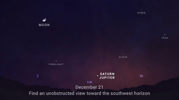 Jupiter and Saturn have been traveling across the sky together all year, but in December, get ready for them to really put on a show. Over the first three weeks of the month, watch each evening as the two planets get closer in the sky than they’ve appeared in two decades. Look for them low in the southwest in the hour after sunset, Image credit: NASA / JPL-Caltech.