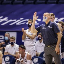 Mark Pope, BYU Cougars' men's basketball coach, gives directions during a match against the Boise State Broncos at the Marriott Center in Provo, Utah on December 9, 2020.