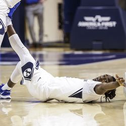 BYU Goalkeeper Brandon Averette reaches a loose ball during the Cougars' match against the Boise State Broncos at the Marriott Center in Provo, Utah on December 9, 2020.