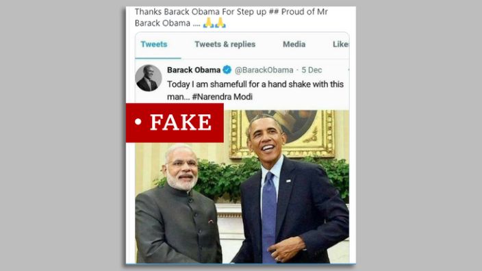 A screenshot of a photo of Obama and Moody marked with & quot;  Fake & quot;