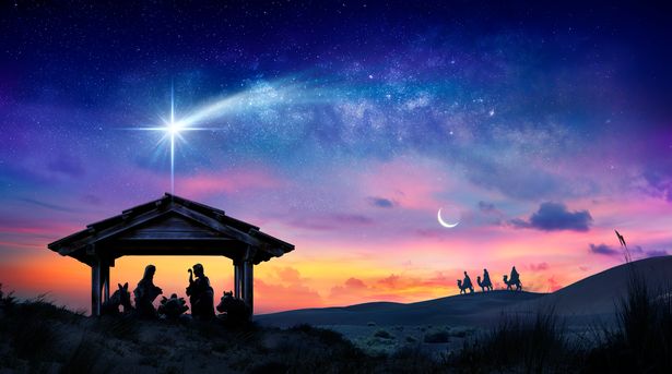 Depiction of the Holy Family with a bright star at sunrise at the birth of Jesus Christ