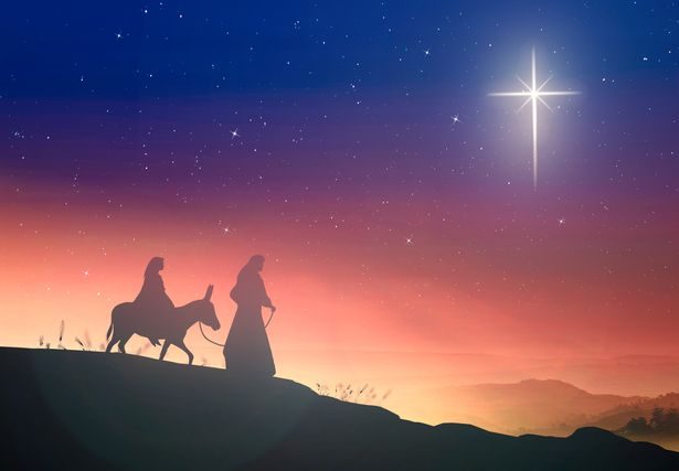 Artist impression of Mary and Joseph pregnant with a donkey on a cross star