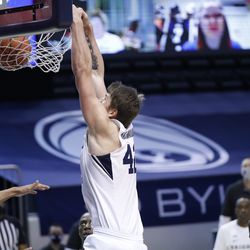 BYU Center Richard Harward (42) dunks the ball during Cougars 87-71 victory over Texas South at the Marriott Center in Provo on Monday, December 21, 2020.