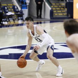 BYU goalkeeper Alex Barcello (13) dribbles during Cougars 87-71 victory over Texas Southern at the Marriott Center in Provo on Monday, December 21, 2020.