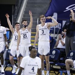 The BYU seat celebrates the defense during Cougars 87-71 victory over Texas Southern at the Marriott Center in Provo on Monday, December 21, 2020.