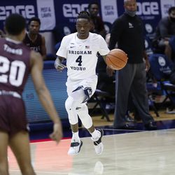 BYU goalkeeper Brandon Avert (4) brought the ball to the top spot during Cougars 87-71 victory over South Texas at the Marriott Center in Provo on Monday, December 21, 2020.