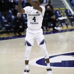 BYU Ranger Brandon Averette (4) fired a 3-point range shot during Cougars 87-71 victory over Texas Southern at the Marriott Center in Provo on Monday, December 21, 2020.