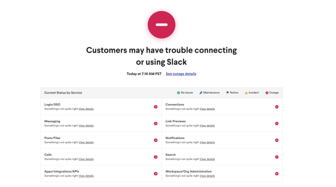 The “https://status.slack.com/” page shows details of Slack's outage, Monday, January 4th.