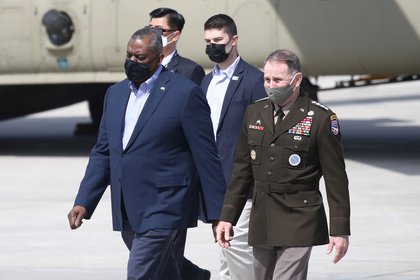 US Defense Secretary Lloyd Austin arrives at Osan Air Force Base in Pyeongtaek, South Korea, on March 17, 2021. Chung Sung-joon / Paul via Reuters