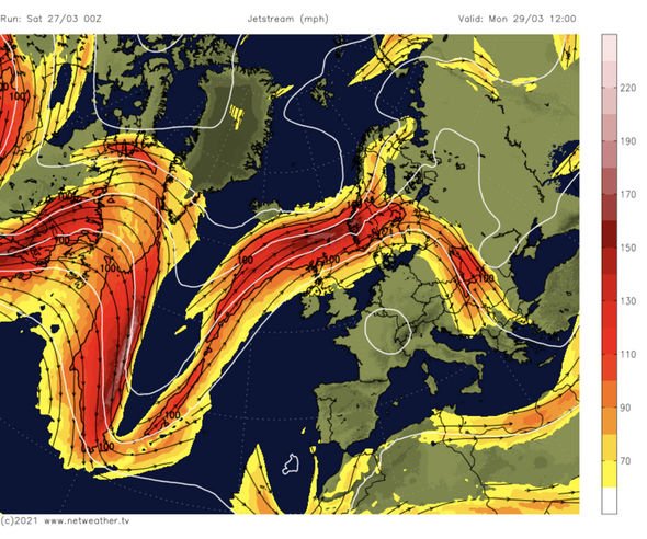 The jet stream into the northern UK twists allows heat to enter from the south