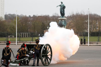 Members of the King's Royal Horse Artillery fired a firearm in tribute to the memory of the death of Prince Philip of Great Britain, Queen Elizabeth's husband, at Parade Square, Woolwich Barracks in central London, Great Britain, April 10, 2021. Alistair Grant / Rally via Reuters