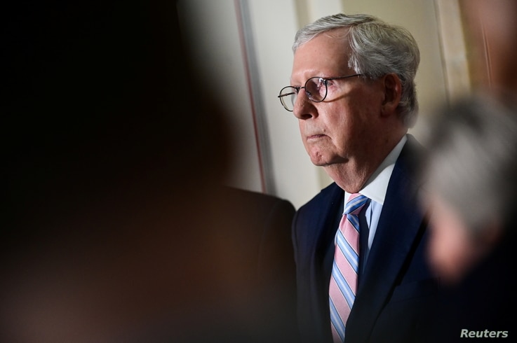 US Senate Minority Leader Mitch McConnell (R-Kentucky) speaks during a news conference with fellow Republican senators at the Capitol...