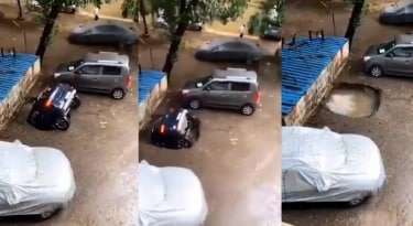 The parked car suddenly fell into a ditch.  Viral video |  viral video |  car |  Mumbai |  Mathrubhumi Online