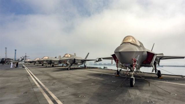 The ockheed Martin F-35B Lightning II combat aircraft of the US Navy's 211th Fighter Squadron (VMFA 211) on the flight deck of HMS Queen Elizabeth in the port of Limassol, Cyprus, July 1, 2021.