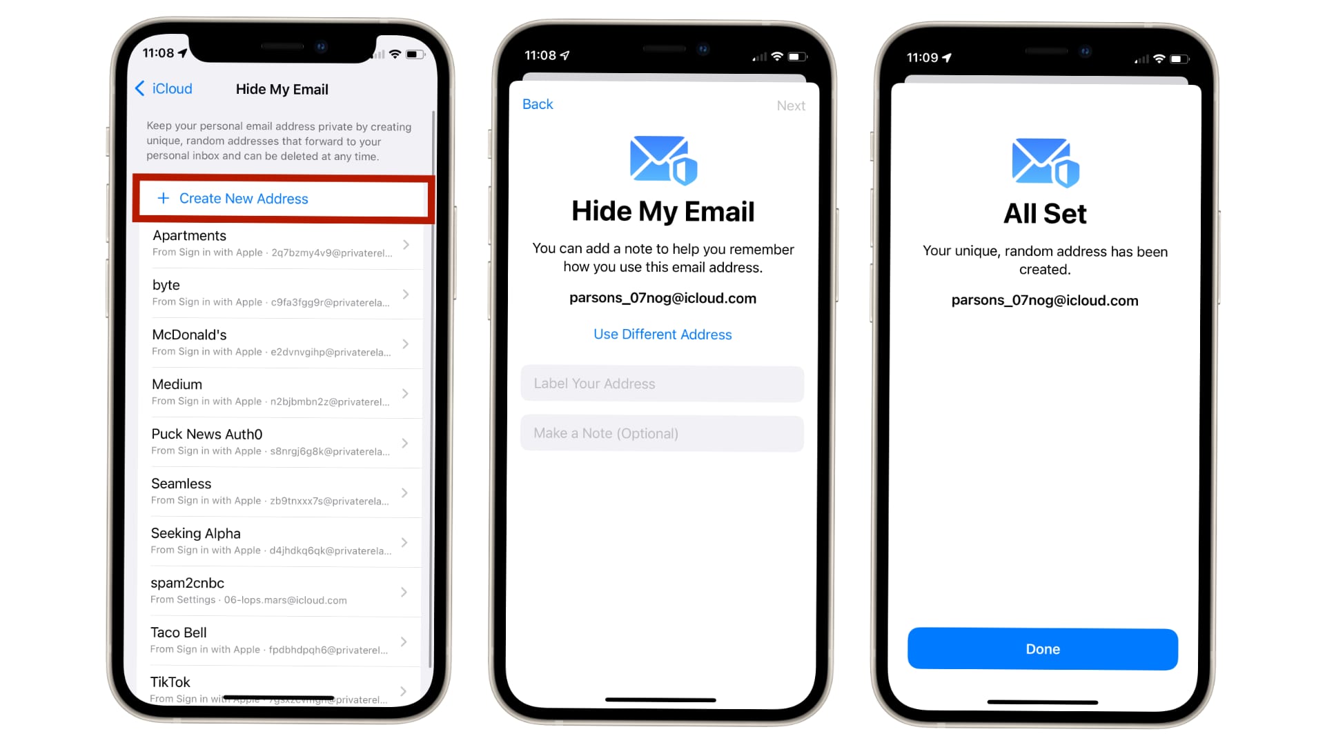 Feature "Hyde my email" Enables users to create a new temporary email address