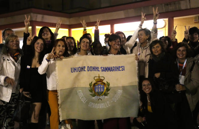 Feminist activists celebrate the decriminalization of abortion in San Marino, Italy, September 26, 2021.