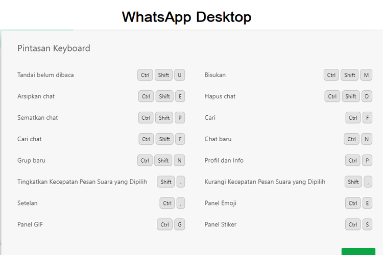 List of WhatsApp shortcuts on the desktop.
