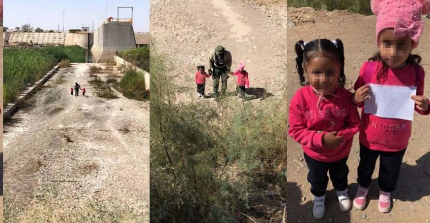 refugee children wandering in the desert;  Note on hand, rescued by US police