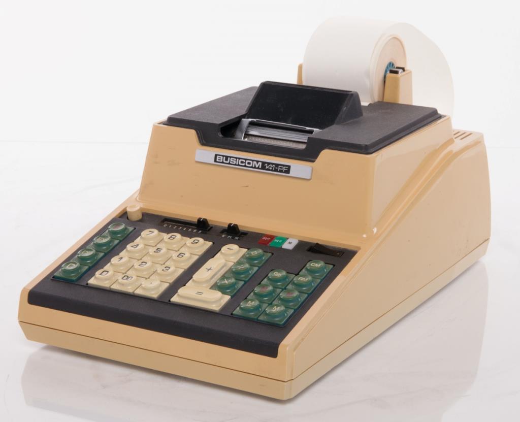 The first commercially available microprocessor built into a desktop calculator 